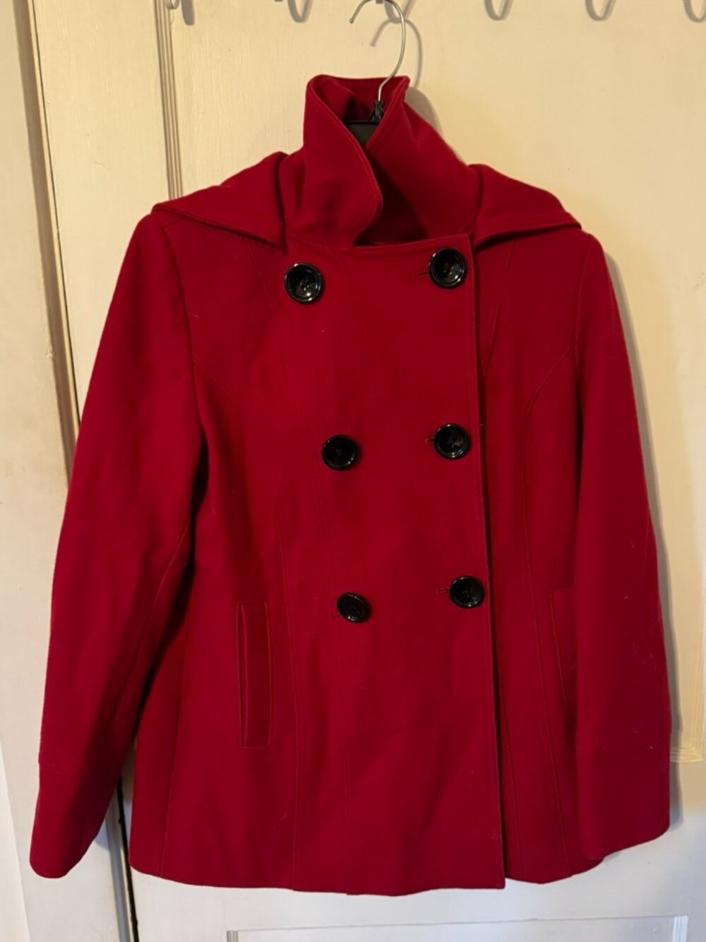 Women's Vintage Esprit Red Wool Blend Pea Coat with Detachable Hood.  Size M.